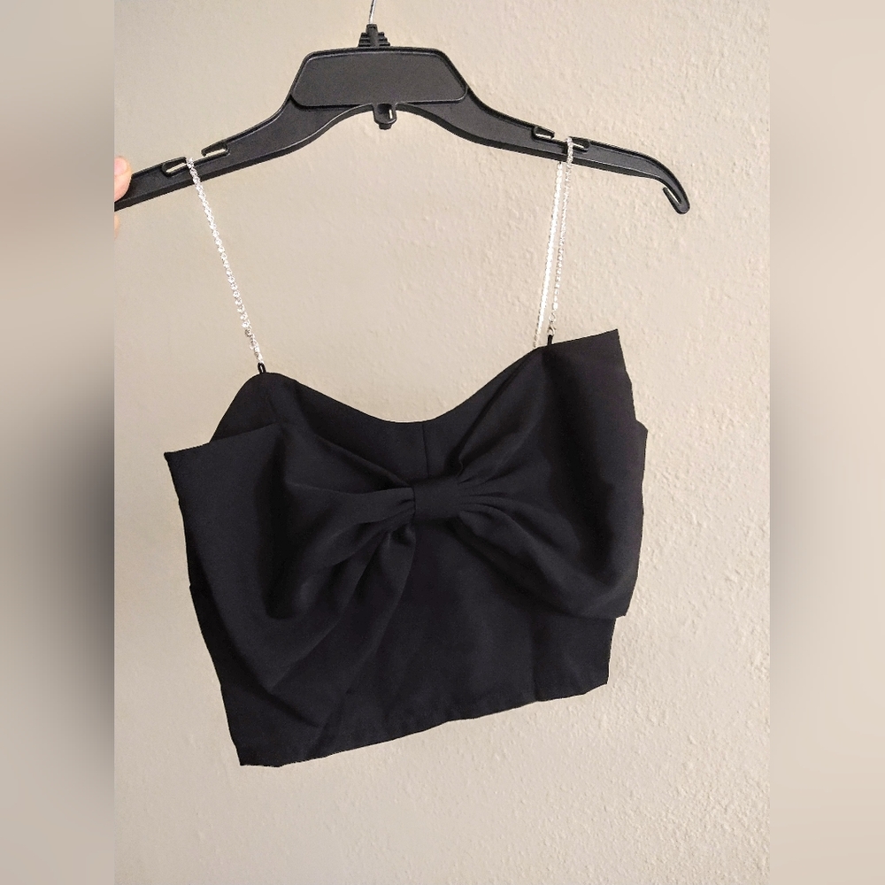 Big Bow Women's Camisole Crop Top Blouse Spaghetti Rhinestones Straps Size L New